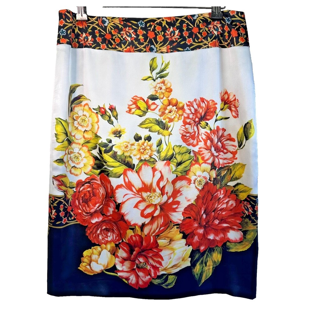 Basler Women’s Floral Bold Botanical Print Black/Red/Ivory Pencil Skirt Sz 36/6